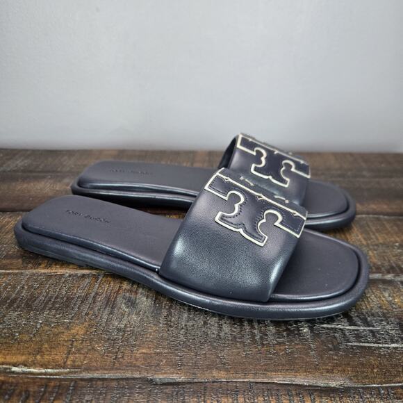NEW Tory Burch Double T Sport Slides Womens Size 7 Big Logo Flip Flops Blue - Picture 1 of 11